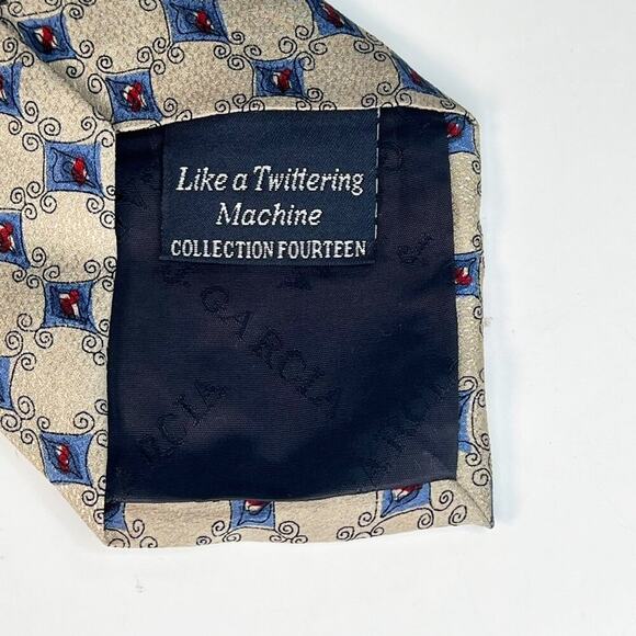 J. Garcia Geometric Print Mens Neck Tie Beige Blue Burgundy 100% Silk - Picture 5 of 7